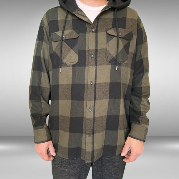 No Boundaries Men's Hooded Flannel Shirt Army Green and Black Checked - Picture 1 of 10